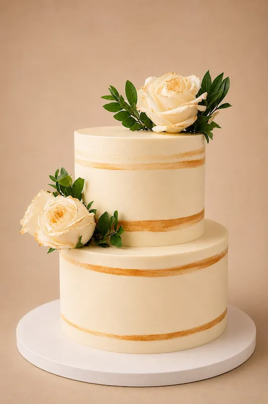 Two-tier white and gold cake